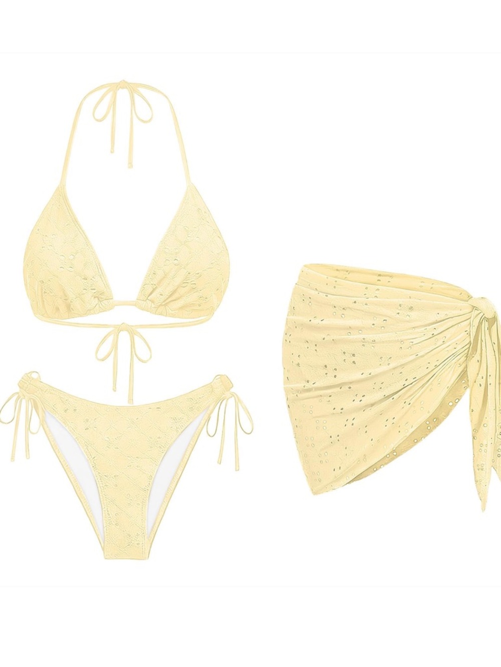 Women’s Yellow Eyelet Triangle Bikini Set with Sarong